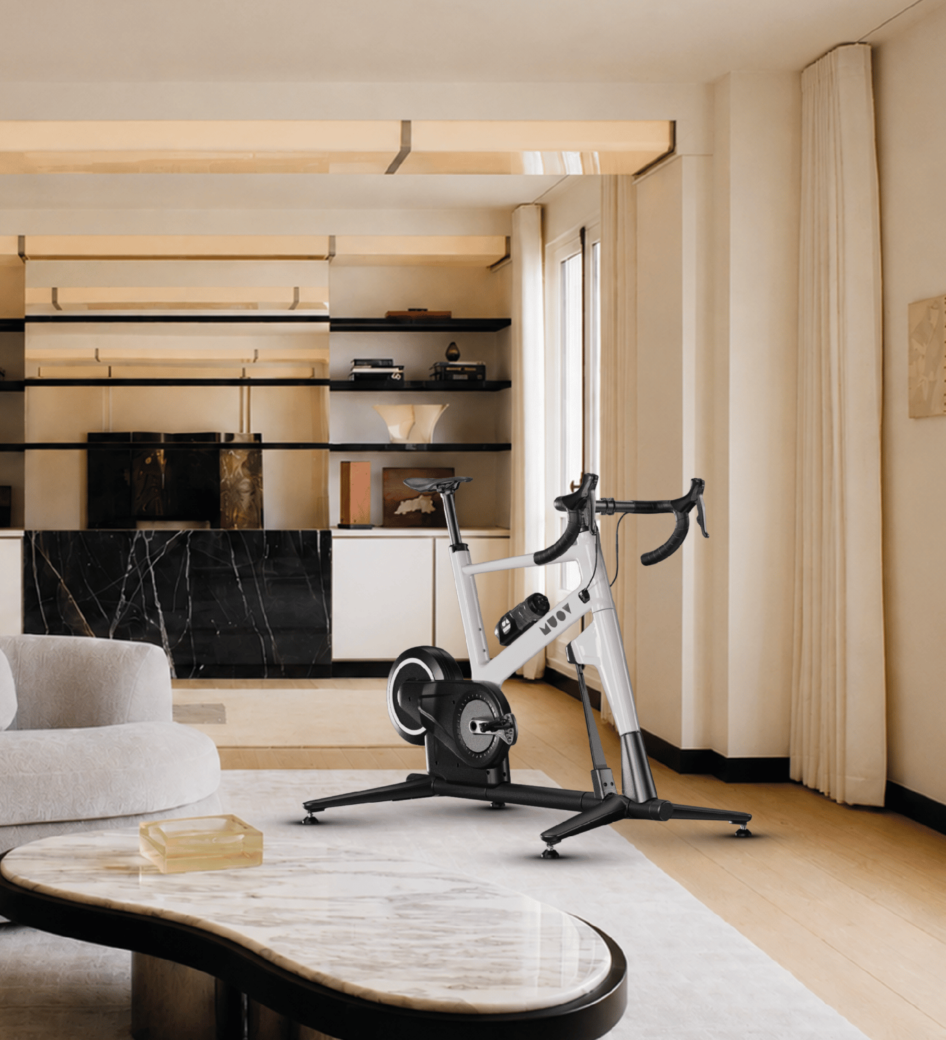 White MUOV bike set up in a bright, minimal living room